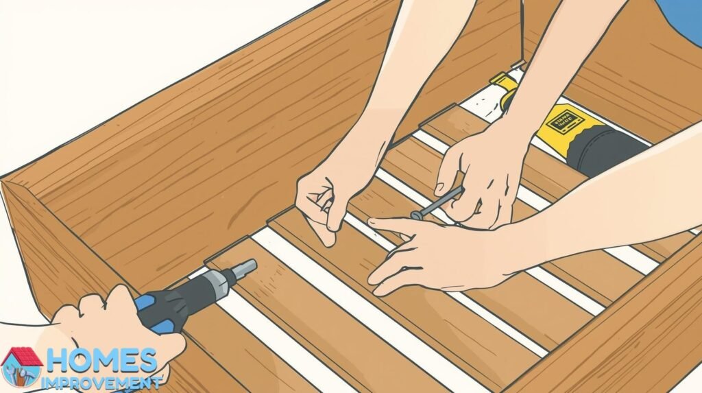 Installing bottom slats for proper drainage in a DIY planter box