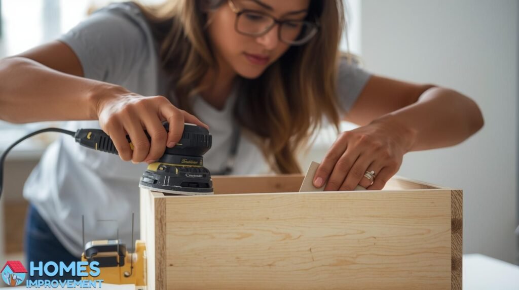 Sanding the edges of a wooden planter box before finishing