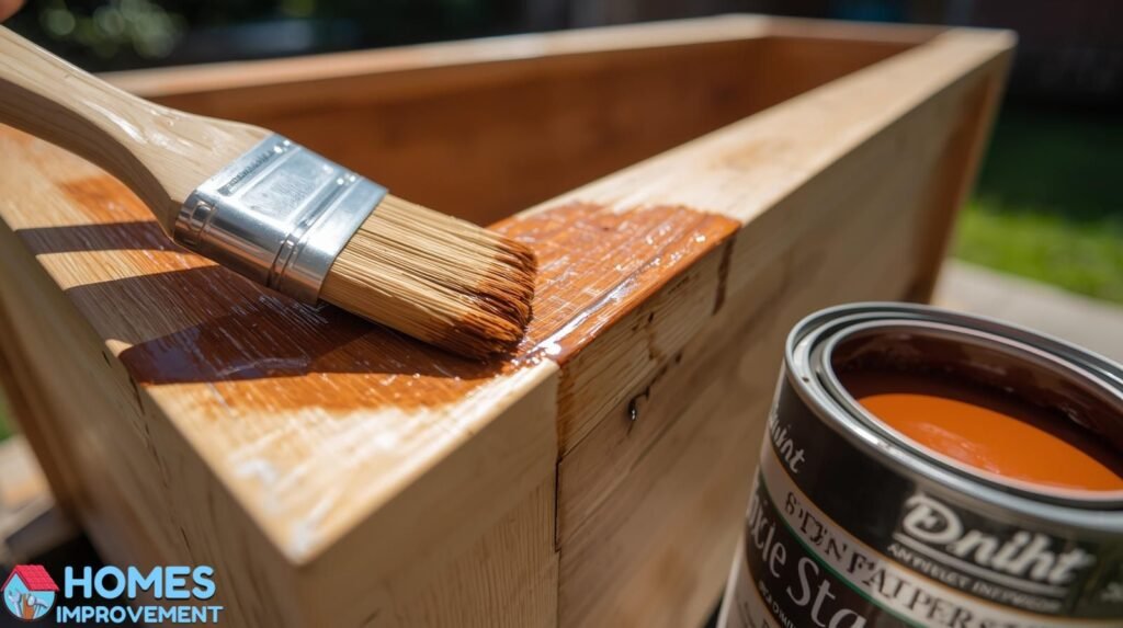 Applying exterior stain to a DIY wooden planter box