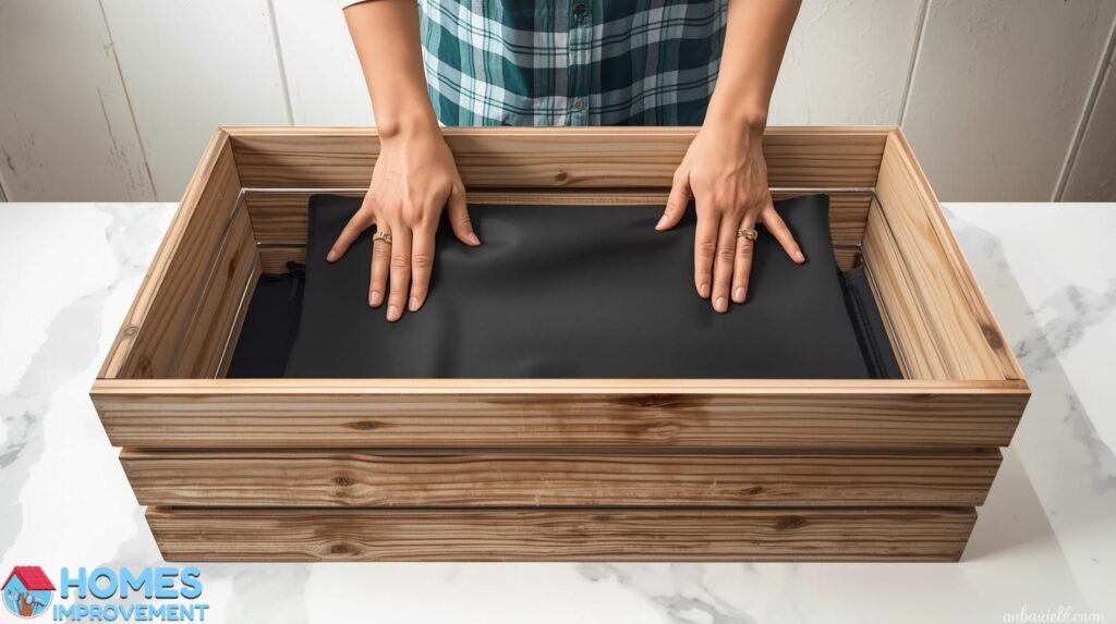 Adding landscape fabric liner inside a DIY planter box for drainage