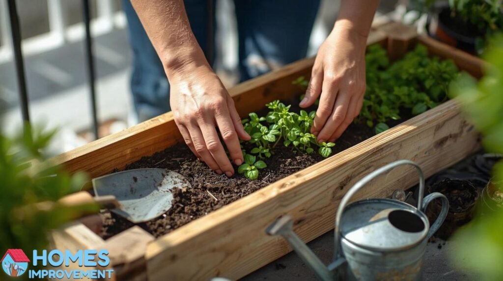 Planting herbs inside a brown wooden DIY planter box with soil and gardening tools