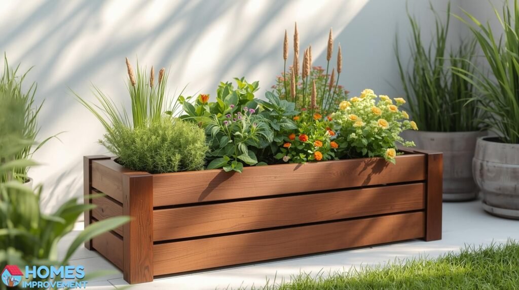Finished DIY brown wooden planter box with flowers, strong and attractive for beginner gardening projects