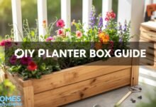 DIY planter box guide showing a wooden planter filled with flowers in a garden area