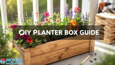 DIY planter box guide showing a wooden planter filled with flowers in a garden area